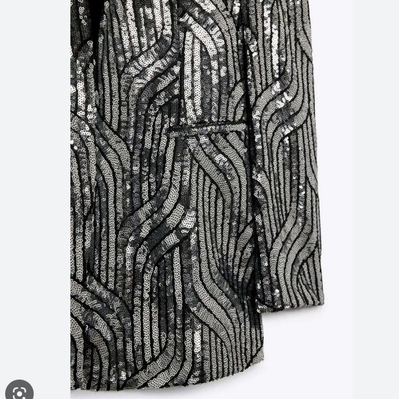NWT ZARA SILVER LAPELLESS SEQUIN BLAZER JACKET COAT SIZE L M 9355/657 Evening - Picture 8 of 9